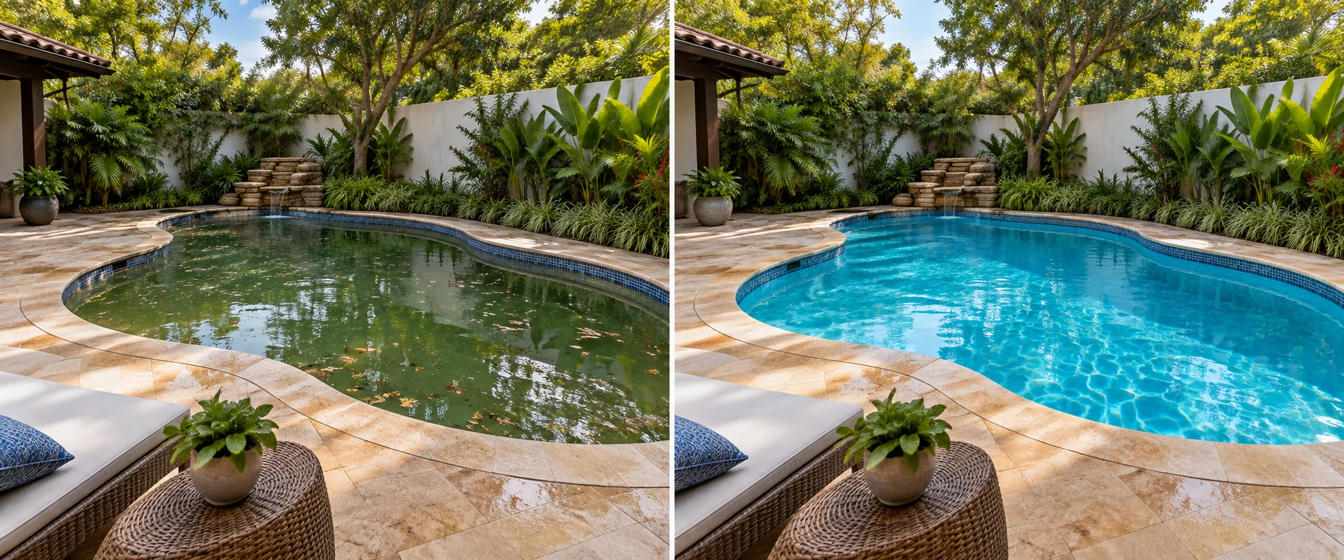 Cena conceitual dividida: piscina em jardim antes, com água verde, e depois, com água azul