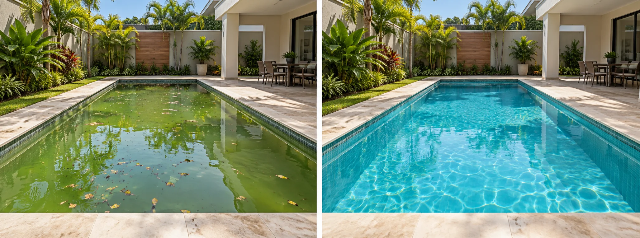 Cena conceitual dividida: piscina de água verde antes e água azul depois